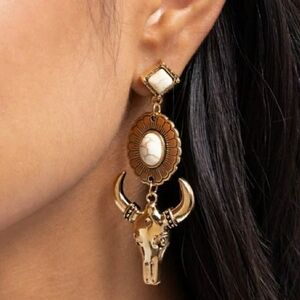 Gold and Cream Bull Skull Earrings